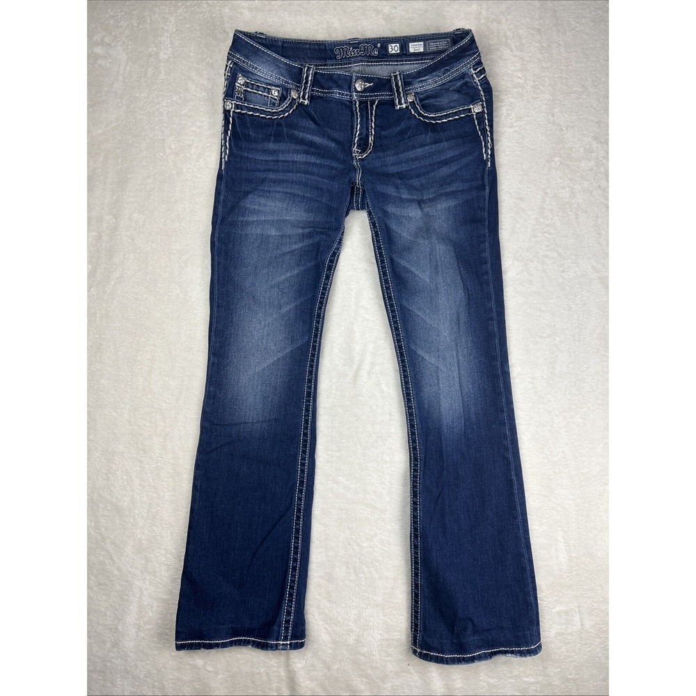 Miss Me Womens Jeans Blue Signature Rise Boot Cut Size 30 Dark Wash Thick Stitch